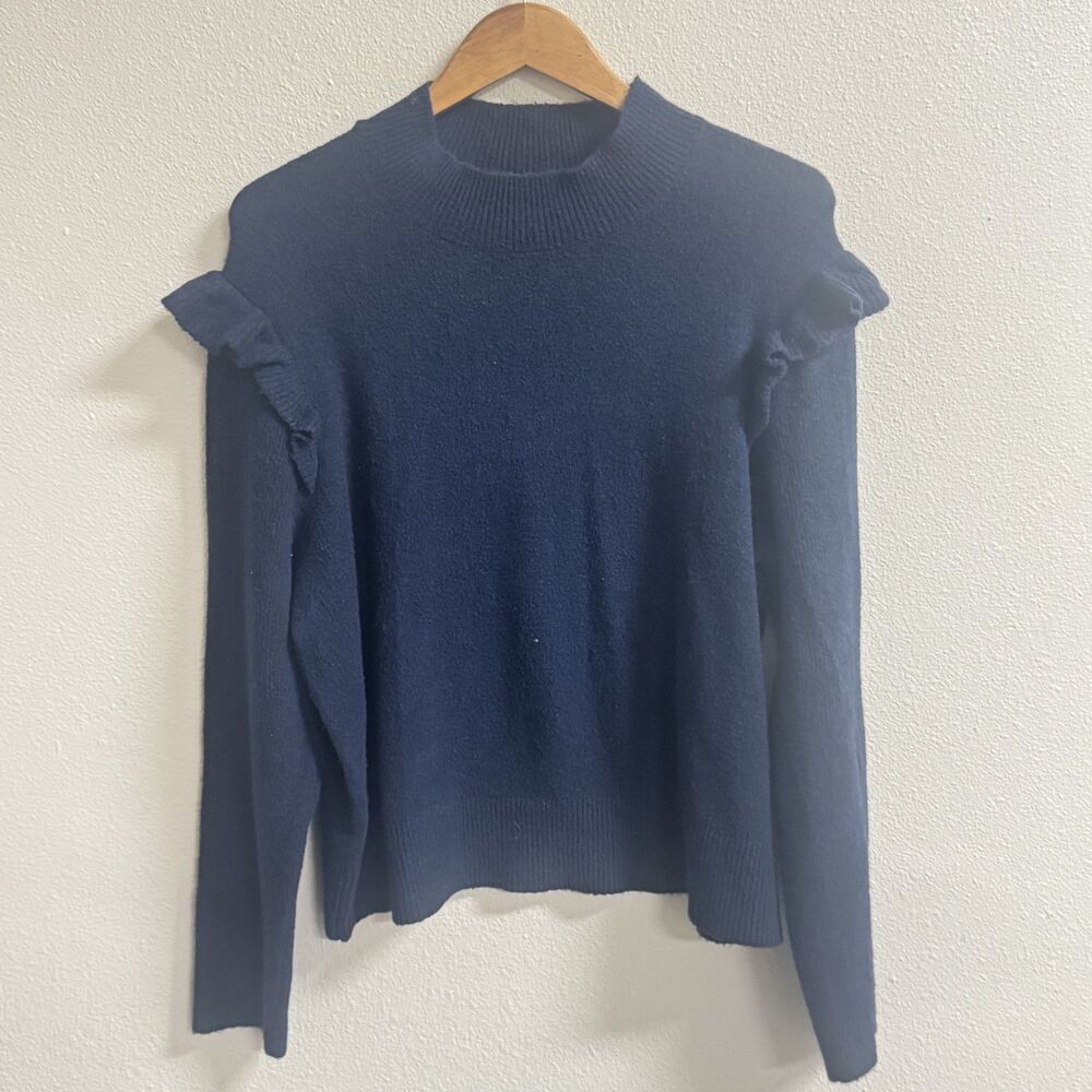 Loft Women's Navy and Blue Ruffle Shoulder Sweater Size XXL